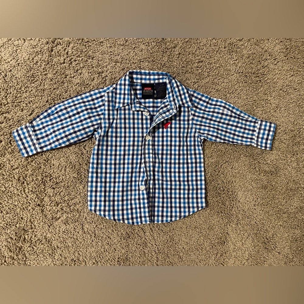 Wrangler jeans baby boy plaid button up, 3-6 month size